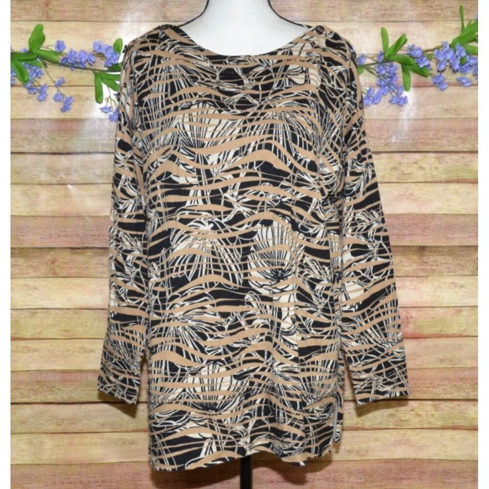 Chico's Brown Abstract 3/4 Sleeve Thin Knit Top Sweater Size 2 US L Boat Neck
